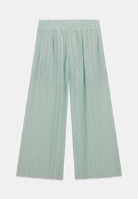 Pantaloni a gamba larga di un verde menta chiaro con una texture a pieghe e una vita elastica. Il tessuto scorre dolcemente ed ha una finitura liscia.