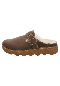 Sabot en daim marron avec un doublure douce et texturée, doté d'un design à double boucle et d'une semelle en liège ondulée pour le confort et le soutien.