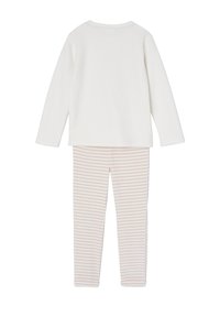White long-sleeve top with a round neckline paired with pink and white striped leggings. Soft fabric, fitted design, no visible details or accents.