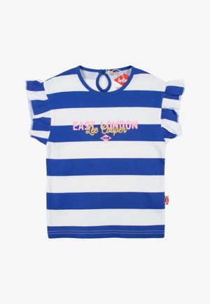 Haut à manches courtes pour enfant avec rayures horizontales bleu et blanc, manches à volants, col rond avec bouton au dos, et texte "East London Lee Cooper 1908".