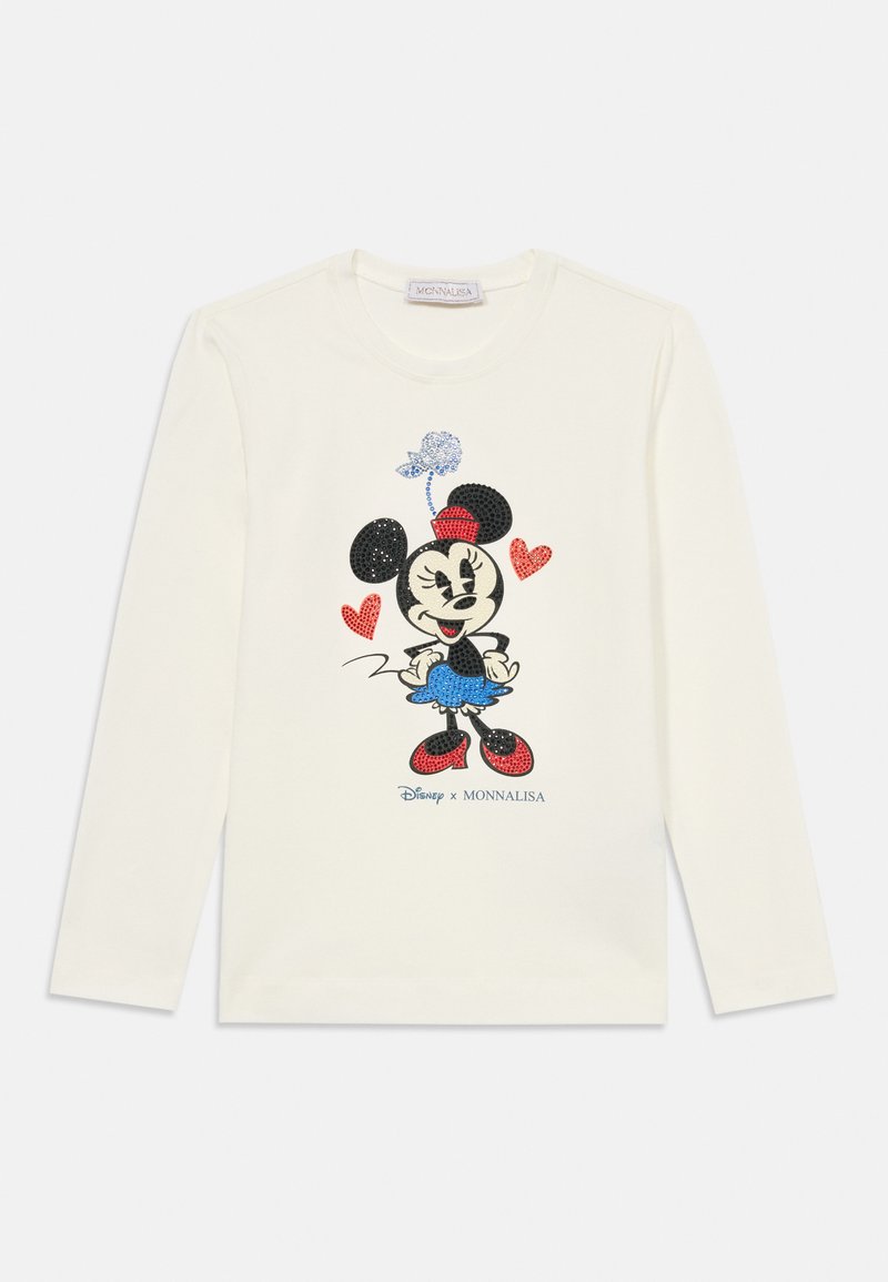 Camisola de manga longa creme com um gráfico da Minnie Mouse em lantejoulas em preto, vermelho e azul, com acentos de coração e decote redondo.