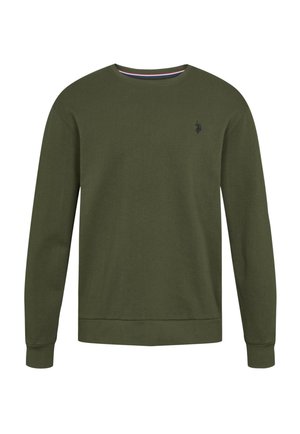 Olive green sweatshirt, crew neckline, long sleeves, ribbed cuffs and hem, featuring a small black logo on the left chest.