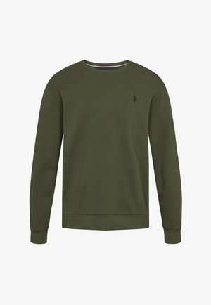 Oliivroheline kampsun, ümar kaelus, pikad varrukad, ribaga mansetid ja ääred, millel on vasakul rinnal väike must logo.