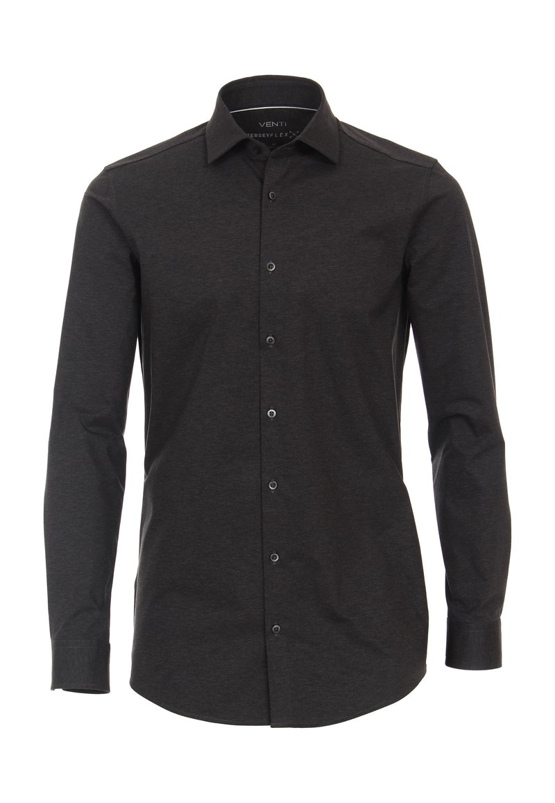 Langarmshirt van donkergrijs stof, heeft een klassieke kraag, knopenlijst aan de voorkant en een getailleerde pasvorm met een soepele textuur.