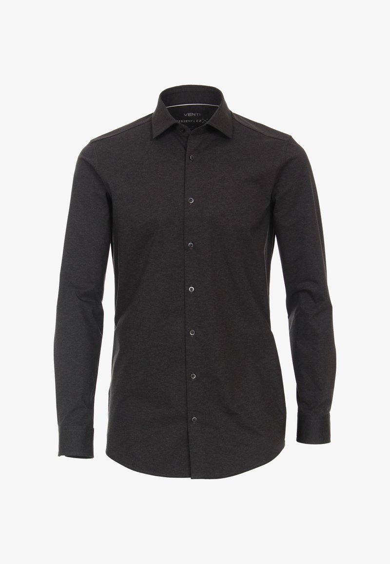 Langarmshirt van donkergrijs stof, heeft een klassieke kraag, knopenlijst aan de voorkant en een getailleerde pasvorm met een soepele textuur.