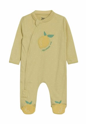 Lysegul babydragt med hvide prikker, prydet med et broderet citrondesign og teksten "klem mig" i grøn. Med fødder.