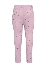 Rosa leggings i sträckt bomull, med ett litet upprepat mörkblått blommönster. Slät textur med en åtsittande form och ankellängd.