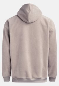 Beige Fleece-Hoodie mit langen Ärmeln, gerippten Bündchen und Saum, von hinten auf einem schlichten Hintergrund gezeigt.