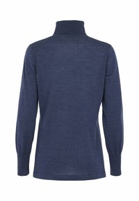 Mörkblå långärmad topp med hög krage, ribbade muddars och en slät, strukturerad tyg. Inga tydliga mönster eller hårdvarudetaljer.