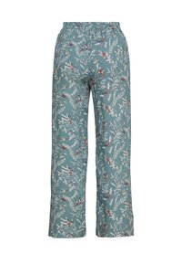 Blommönstrade, ljusblåa tygbyxor med elastisk midja, vida ben och detaljerade illustrationer av fåglar och blad.
