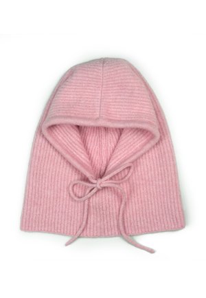 Gerippte rosa Strickmütze mit vorderer Schnürung, weicher Textur und Kapuzen-Design. Verleiht ein gemütliches und warmes Aussehen.