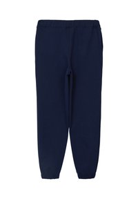Marineblauwe joggingsbroek van een zachte katoenmix, met een elastische tailleband en taps toelopende boorden. Geen extra patronen of versieringen.