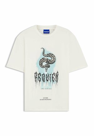White cotton t-shirt featuring a black snake graphic and "REQUIEM THE TEMPEST" text. Short sleeves, round neck, relaxed fit.