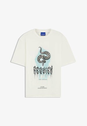 White cotton t-shirt featuring a black snake graphic and "REQUIEM THE TEMPEST" text. Short sleeves, round neck, relaxed fit.