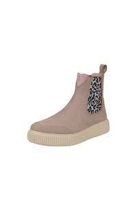 Beige ankelstøvle med struktureret overflade; lyserød elastisk sidepanel med leopardmønster; gummisål med riller til skridsikkerhed.
