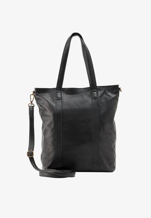 Zwarte leren totebag met twee handvatten en een verstelbare, afneembare schouderriem, voorzien van hardware in goudkleurige tint.