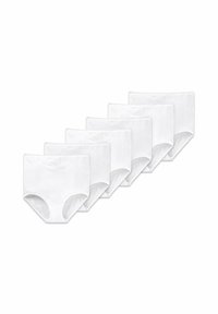 White cotton briefs, six-pack, full-coverage design, soft texture, elastic waistband, subtle embroidered detailing near the waistband.