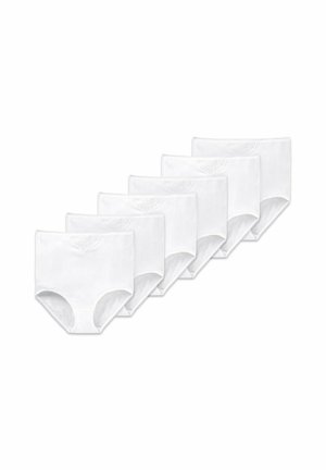White cotton briefs, six-pack, full-coverage design, soft texture, elastic waistband, subtle embroidered detailing near the waistband.