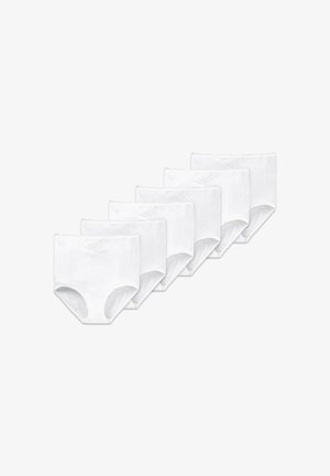 Weiße Baumwollslips, Sechserpack, vollständiges Abdeckungsdesign, weiche Textur, elastischer Bund, dezente gestickte Details in der Nähe des Bundes.