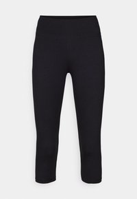 Fekete capri leggings sima textúrával, széles derékrésszel és bokáig érő kialakítással. Rugalmas, lélegző anyagból készült. Nincsenek látható minták.