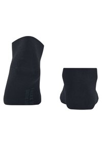 Schwarze Knöchelsocken aus weichem Stoff mit glatter Textur. Sie besitzen ein eng anliegendes Design und dezente Markenkennzeichnung an der Seite.