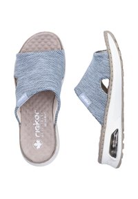 Blue mesh slide sandals with a cushioned sole, featuring a sturdy white midsole and textured gray footbed. Accented with logo detail.