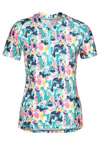 Camiseta deportiva de manga corta con cremallera frontal, que presenta un colorido patrón floral abstracto en verde azulado, rosa, amarillo, azul marino y blanco.