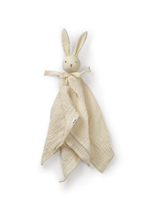 Blød beige babycomforter formet som en kanin med lange ører og et tekstureret firkantet tæppe fastgjort, med et lille stofmærke.