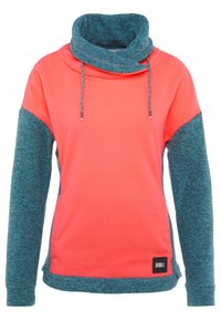 Sudadera de forro polar con un collar alto, que presenta un vibrante color coral en el delantero y mangas en tono teal. Incluye cordones y un parche de marca en el dobladillo.