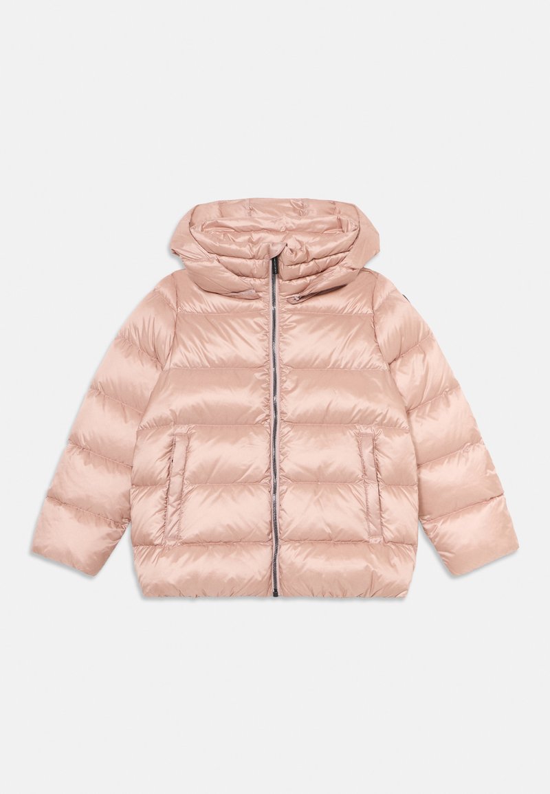 Gaiši rozā betona jaku ar kapuci, ar priekšējo rāvējslēdzēju un divām sānu kabatām, parādīta plakana uz baltā fona.