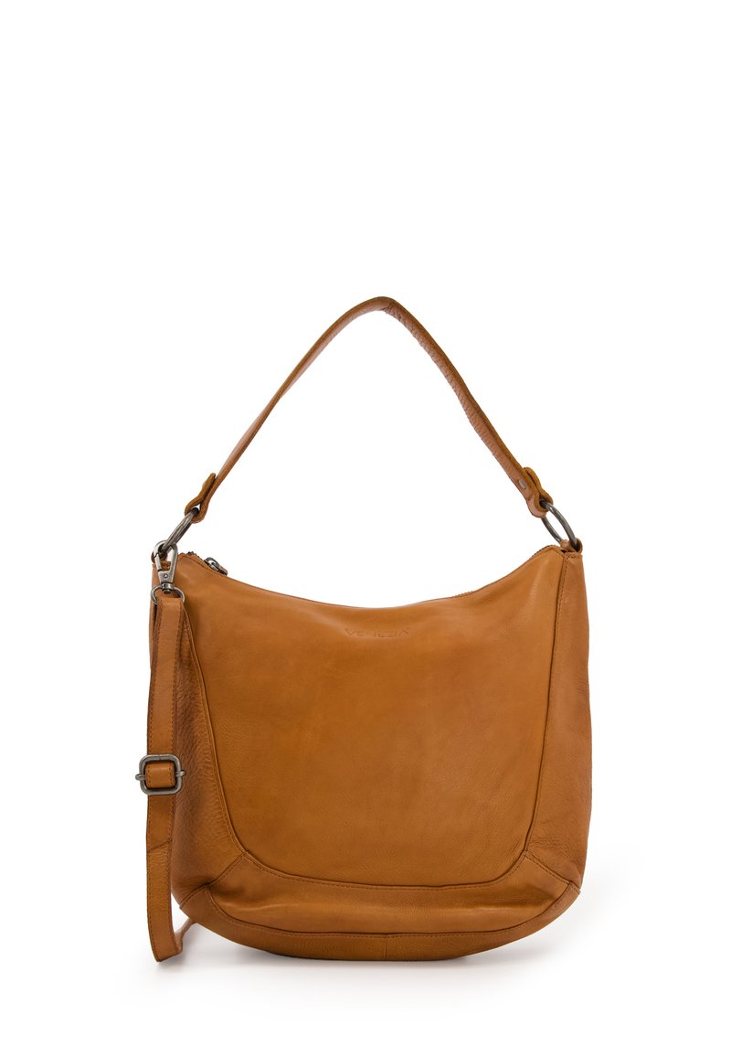 Tasche aus braunem Leder mit einem einzigen Tragegurt, in einer lässigen Form und mit glatter Textur. Verfügt über dezente Hardware-Akzente und einen Reißverschluss.