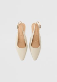 Beige slingback hæle med spidse tæer, glat læderoverflade og en subtil rem og spænde detalje. Indvendigt har de en polstret sål.
