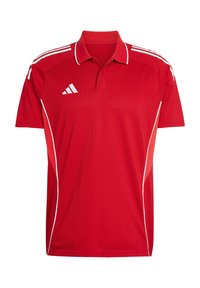 Czerwona koszulka polo z oddychającego materiału, z białymi akcentami i trzema paskami na ramionach. Zawiera kołnierzyk i krótkie rękawy.