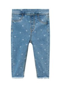 Světle modré džíny s hvězdicovým vzorem, pěti kapsami, roztřepeným lemem a oranžovými švy. Slim fit design.