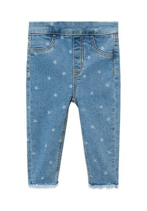 Jean en denim bleu clair avec un motif d'étoiles, cinq poches, ourlet effiloché et accents de couture orange. Design ajusté.