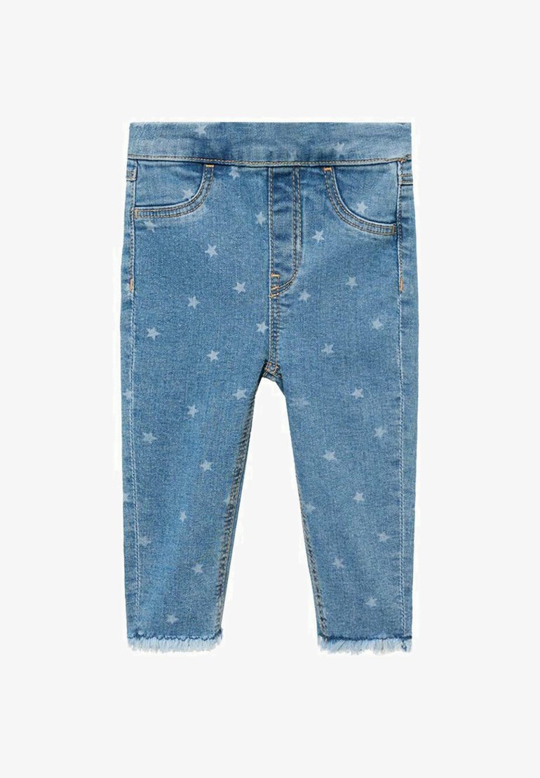 Světle modré džíny s hvězdicovým vzorem, pěti kapsami, roztřepeným lemem a oranžovými švy. Slim fit design.