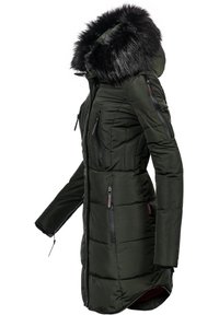 Dark green puffer jacket with a fur-trimmed hood, multiple zipped pockets, fitted shape, and textured fabric for warmth and style.