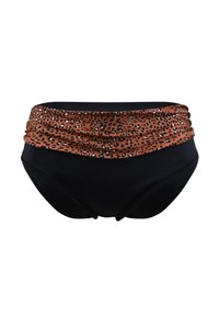 Czarne majtki bikini z marszczonym, leopardzim paskiem w odcieniach brązu i czerni. Wykonane z gładkiego, elastycznego materiału.