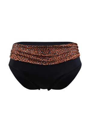 Czarne majtki bikini z marszczonym, leopardzim paskiem w odcieniach brązu i czerni. Wykonane z gładkiego, elastycznego materiału.