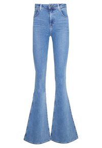Helle blaue High-Waist-Jeans mit vorderen Taschen, Knopf- und Reißverschluss, sowie weitem Schlag.