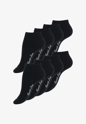 Six paires de chaussettes noires à cheville en tissu flexible, avec une texture lisse et un logo blanc sur le côté.