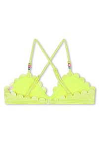 Bralette jaune néon avec des bords festonnés, des bretelles croisées réglables et des perles décoratives sur les bretelles. Texture de tissu lisse.