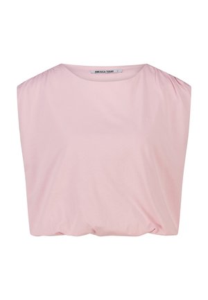 Zachte roze mouwloze blouse met een ronde hals en subtiele plooitjes op de schouders, met het label "America Today" aan de binnenkant van de kraag.