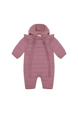 Roze gevoerd baby skipak met kap, lange mouwen en voorritsen die van de nek naar de benen lopen voor gemakkelijk aankleden.