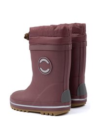 Mély bordó gumicsizma hajtogatható felsőrésszel, szürke részletekkel, logóval és tapadást biztosító texturált talppal.