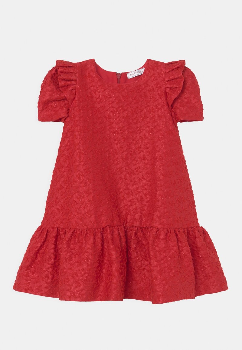 Robe rouge texturée pour tout-petit avec manches courtes bouffantes et ourlet à volants, dotée d'une fermeture éclair au dos.