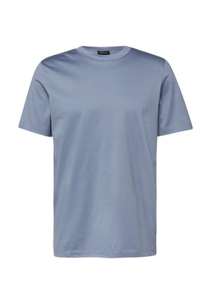 Effen lichtblauw T-shirt met korte mouwen en ronde hals, reguliere pasvorm, frontaal weergegeven op een witte achtergrond.