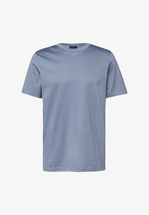 Effen lichtblauw T-shirt met korte mouwen en ronde hals, reguliere pasvorm, frontaal weergegeven op een witte achtergrond.