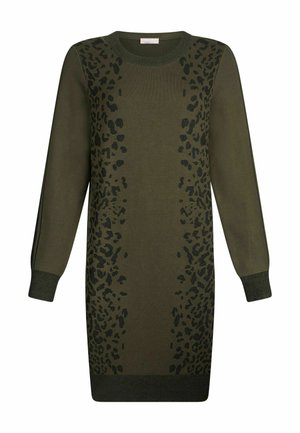 Rochie tricotată de culoare verde măsliniu cu imprimeu leopard negru pe față și mâneci, decolteu și manșete cu nervuri, design de lungime medie.
