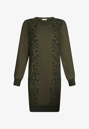 Olive green sweater dress with black leopard print on the front and sleeves, ribbed neckline and cuffs, mid-length design.